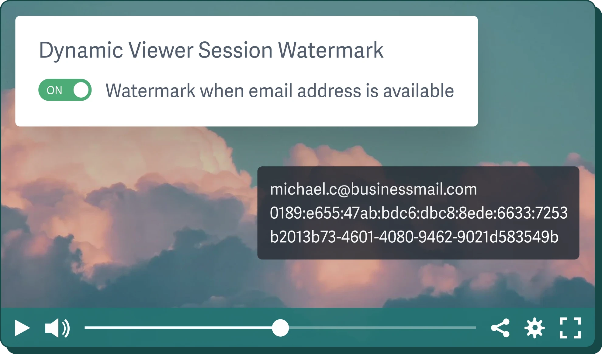 Video player with an overlaid visible dynamic watermark showing the viewer personal information to deter theft