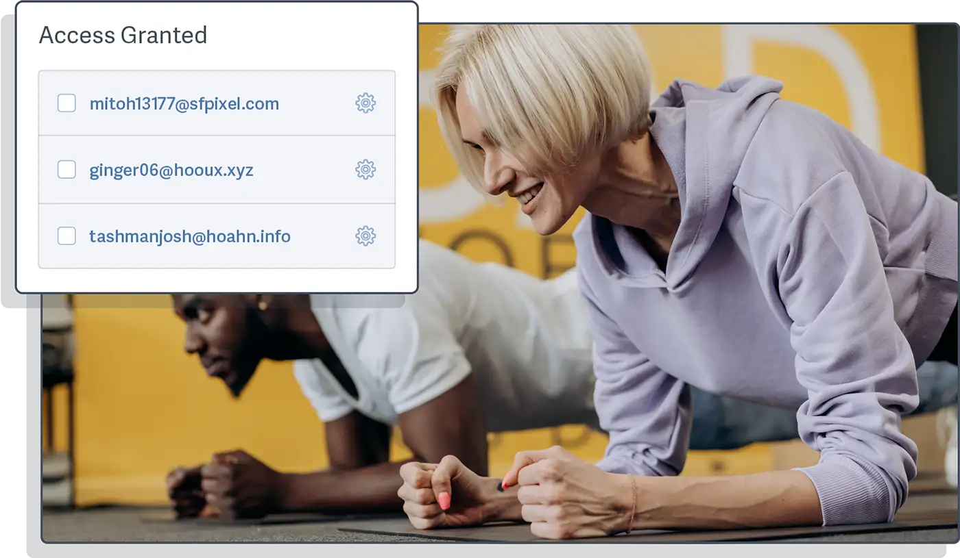 Prevent unauthorized access to ensure secure content reviews through login protection, whitelisted domains, and approved IP addresses. Image of two people working out with a stylized example of the UI for granting access to specific viewers from the SproutVideo platform overlaid