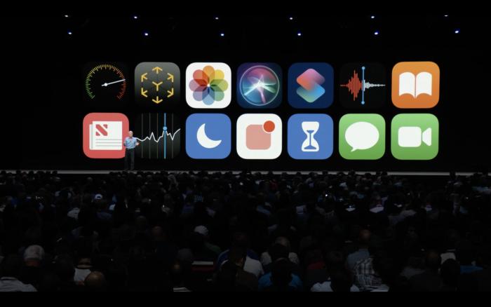 Apple WWDC conference with video screens on stage