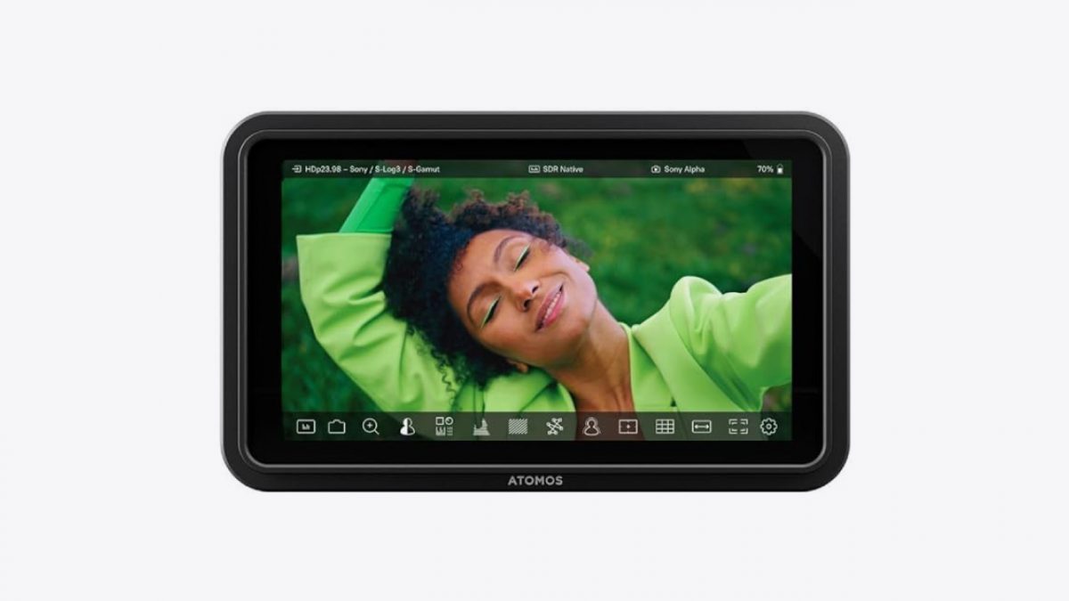 Atomos video monitor with an image of a woman in green