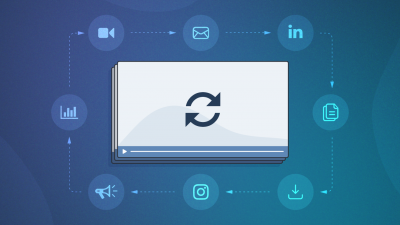 video centered with icons of repurposed video content over a gradient background