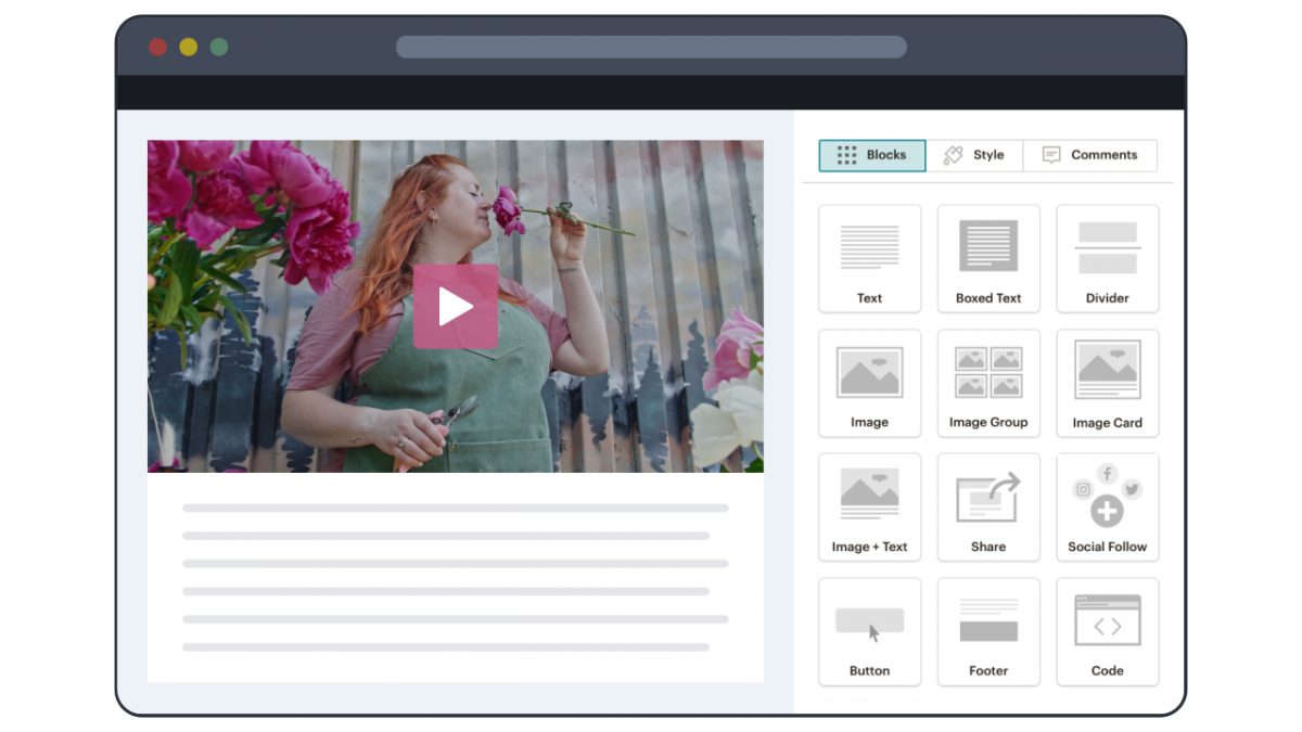 Email marketing platform frame with video thumbnail embedded in email