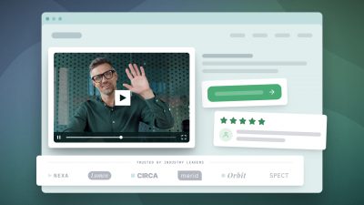 a video landing page with supporting elements is shown as a webpage with a video player showing a man waving, suggesting he is teaching something. Next to the video is blank text, a cta button, and social proof. Below are client logos as more social proof. Together, the image showcases what a high converting video landing page looks like at a glance