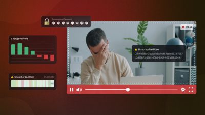 A distressed person sitting at a laptop with a video player interface overlaid showing an unauthorized user alert, a compromised password notification, a declining profit bar chart, and a screen recording indicator, illustrating the business consequences of a confidential video leak.