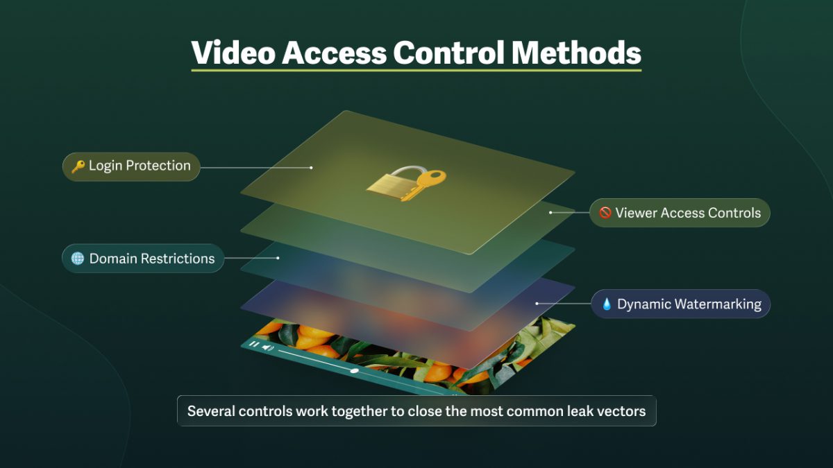 Layerers showcasing using multiple video protections for secure sharing with login protection, access controls, and dynamic watermarks
