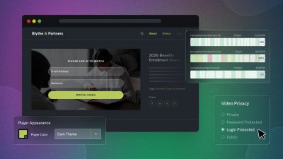 Video player over gradient background with player showing password protection and video heat map visualization