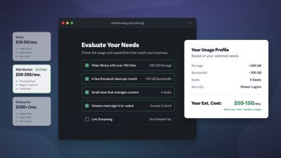 Mockup of a video hosting cost estimator: a checklist of usage needs (video library size, monthly views, team seats, viewer sign-in) resolves into a usage profile card showing a fair market range of $50 to $150 per month, matching mid-market pricing.
