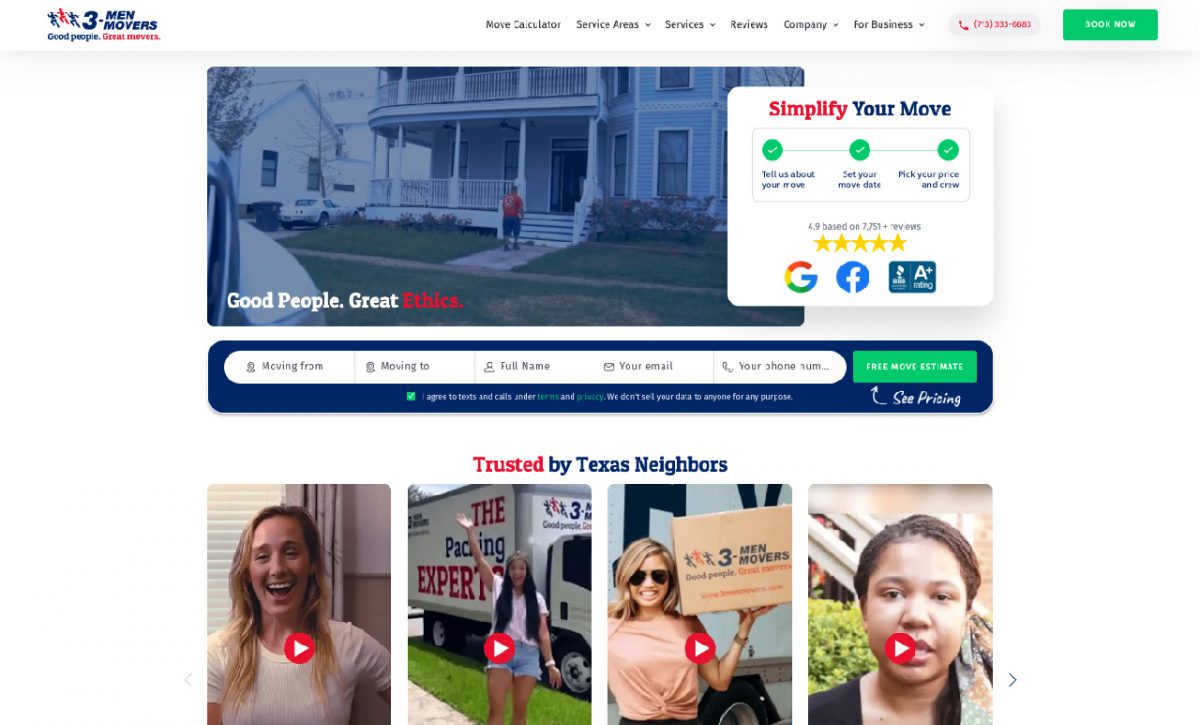 screenshot of the 3 Men Movers homepage that features customer testimonials on its video landing page, which is used as an example to showcase real world pages that convert.