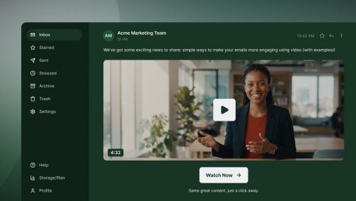 Sharing video in email by way of showing a fauz email client with an open email showing a video thumnbail with play button, suggesting that the page will open when the reader clicks. The background is gradient green. The email client is dark green. The video thumbnail shows a young professional woman